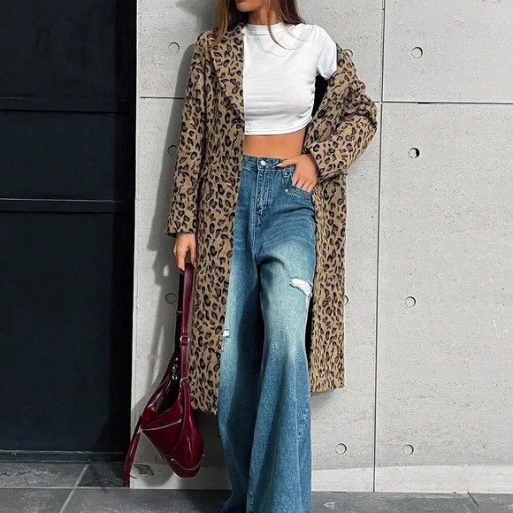 Multicolor Casual Women's Leopard Print Knitted Cinched Waist Stand Collar Coat - Picture 4 of 7